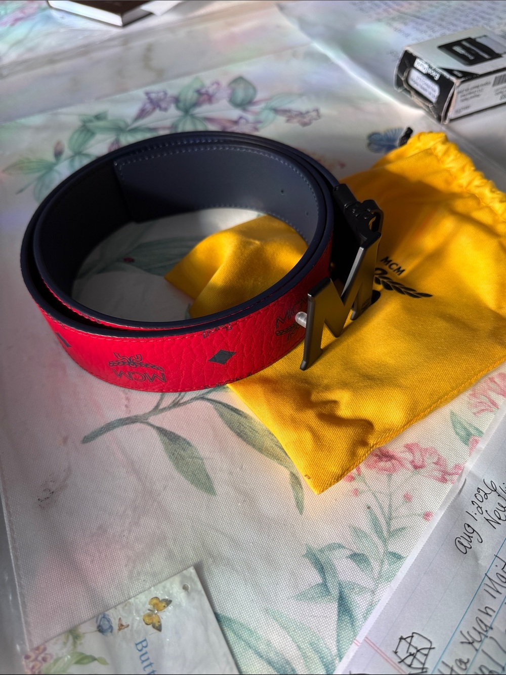 MCM NWT  dust bag Red Logo Leather Belt with Black M Buckle